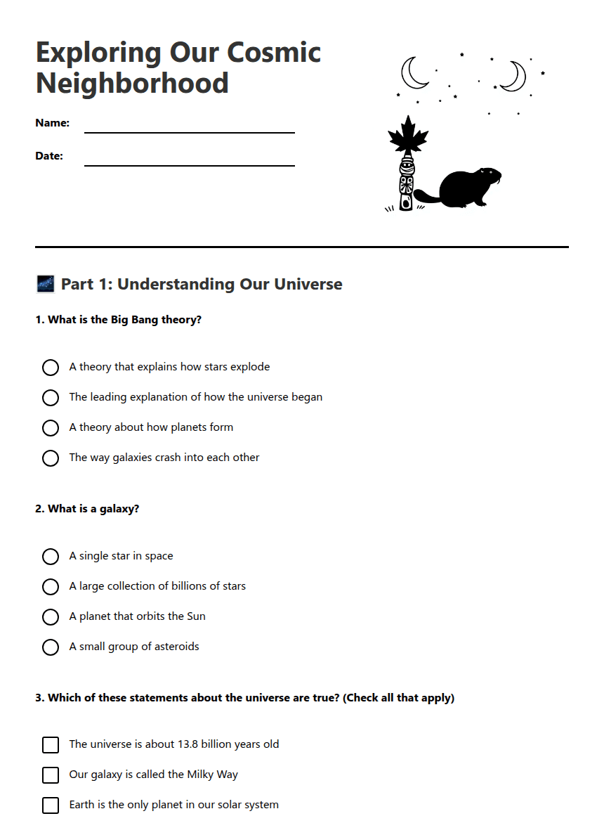Exploring Our Cosmic Neighborhood worksheet preview