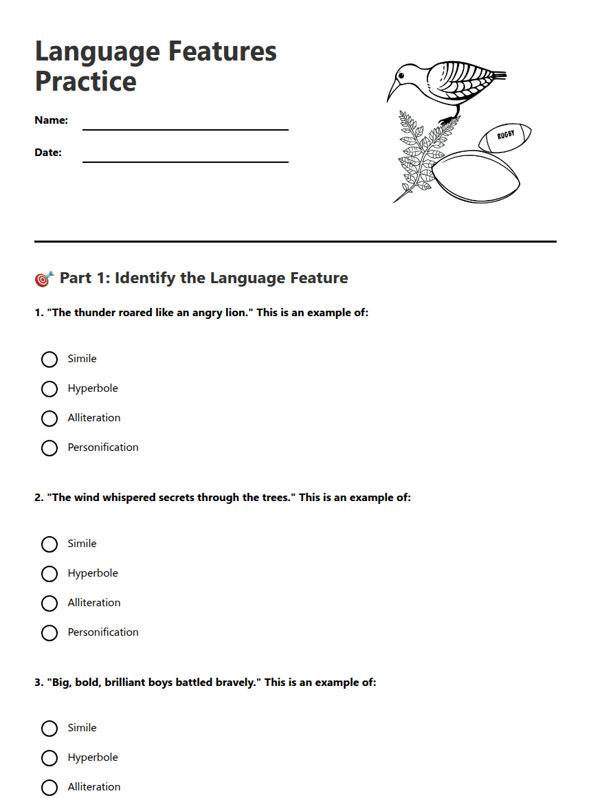 Language Features Practice worksheet preview