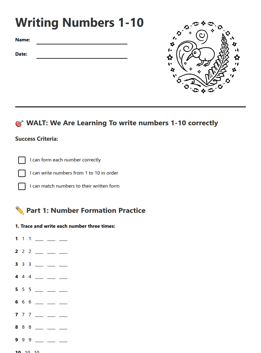 Writing Numbers 1-10 worksheet preview