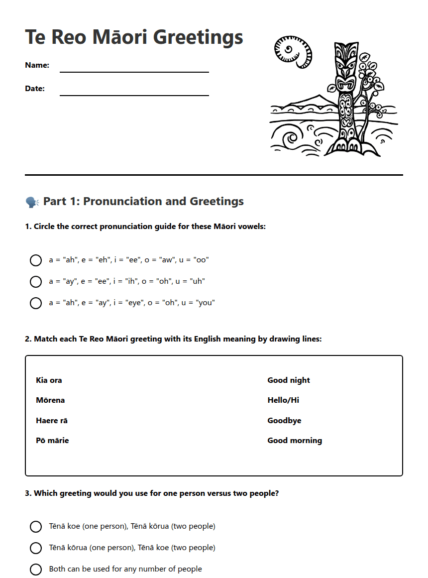 Te Reo Māori Greetings worksheet preview