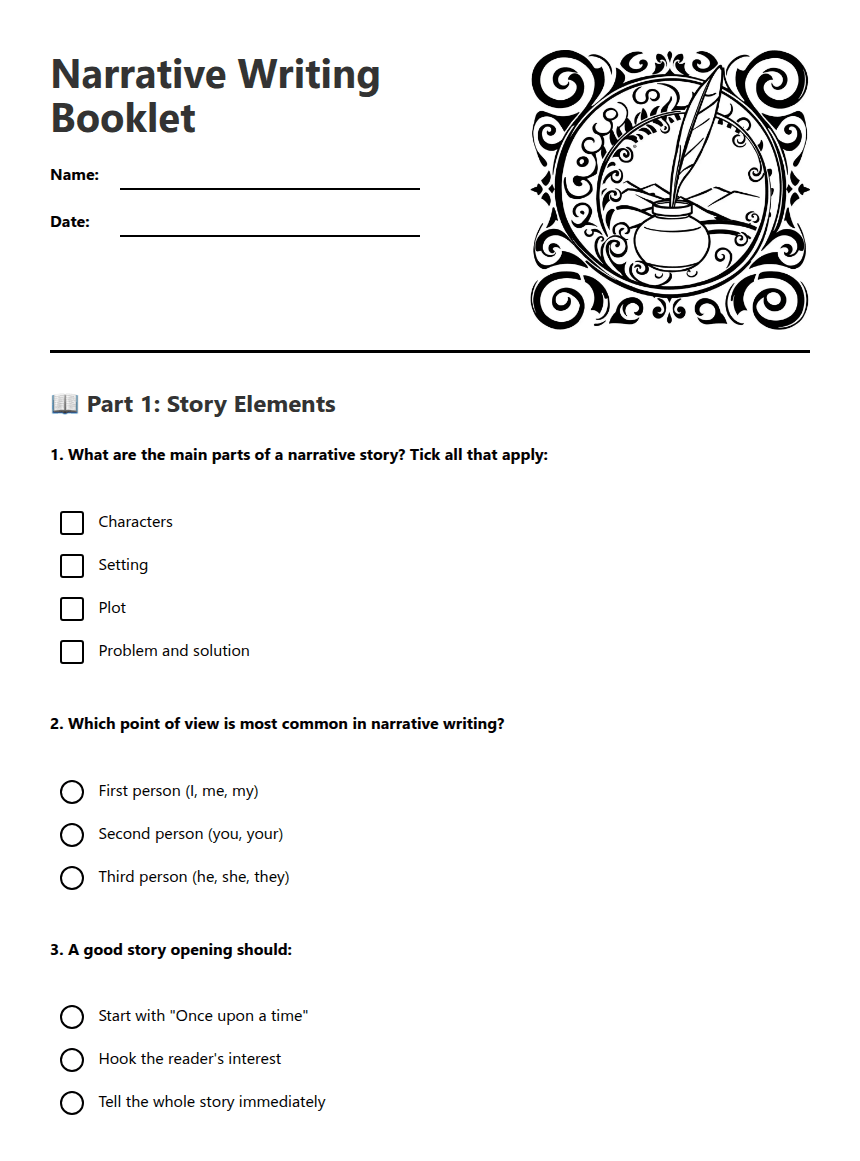 Narrative Writing Booklet worksheet preview