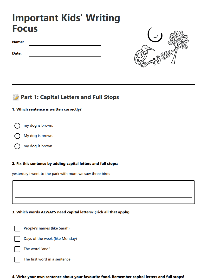 Important Kids' Writing Focus worksheet preview