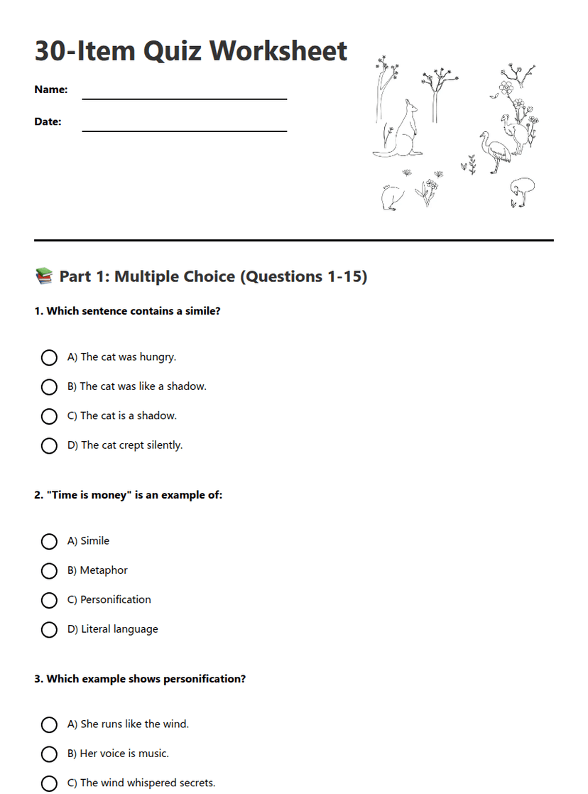30-Item Quiz Worksheet