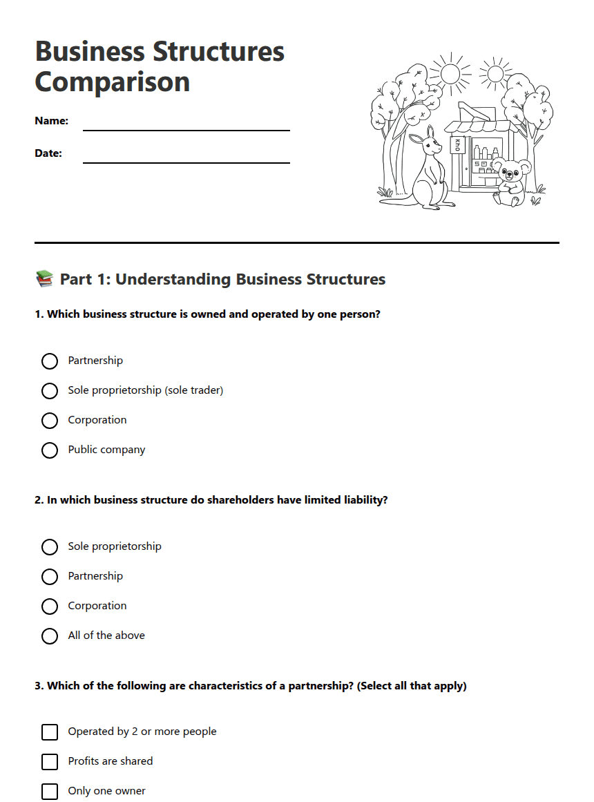 Business Structures Comparison worksheet preview