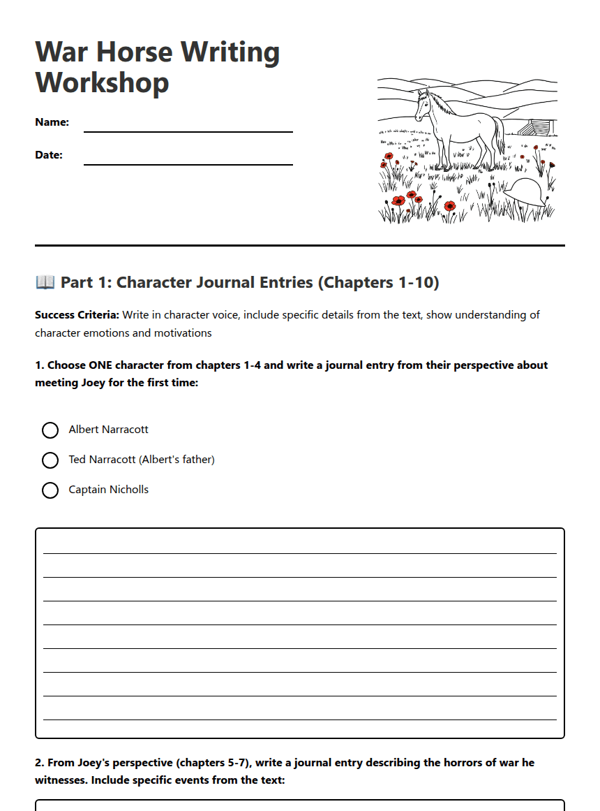 War Horse Writing Workshop worksheet preview