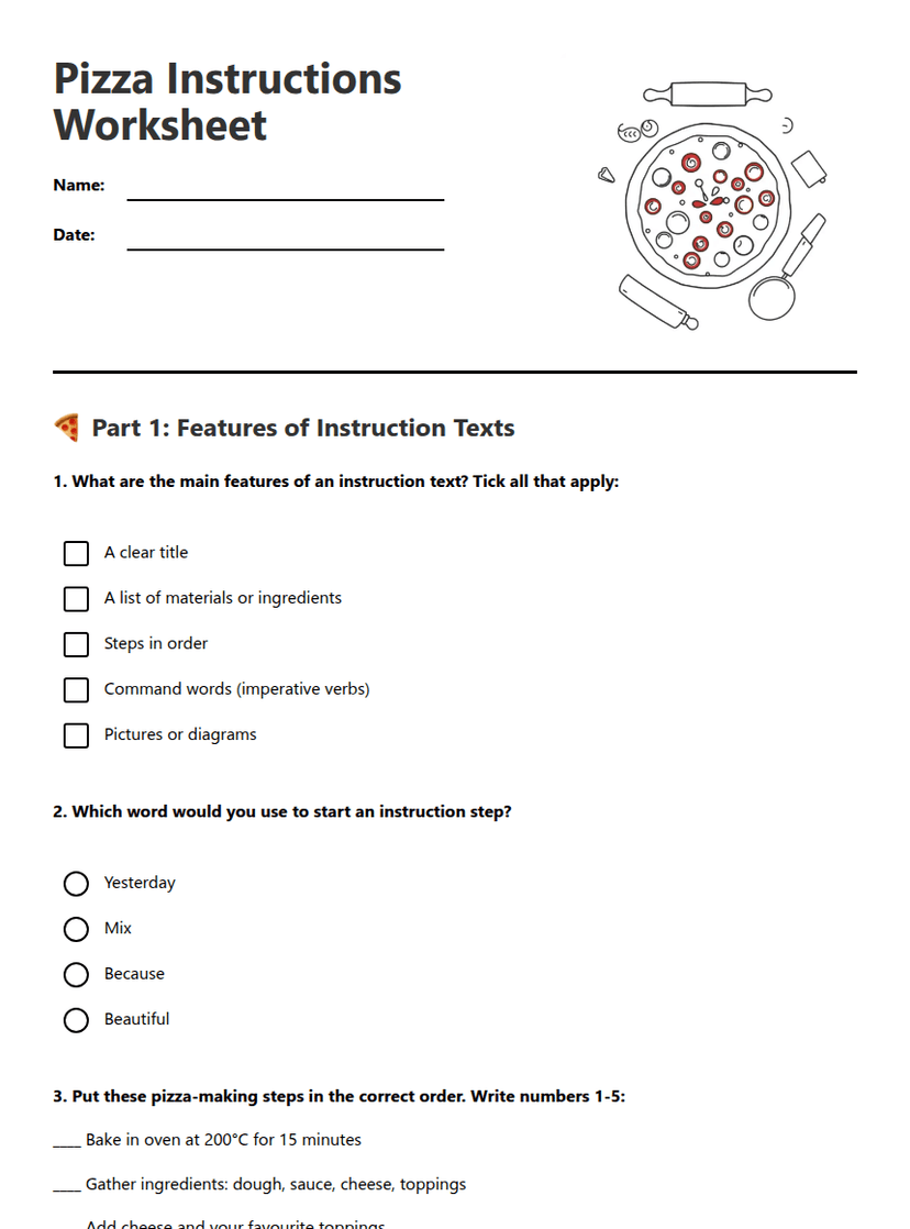 Pizza Instructions Worksheet