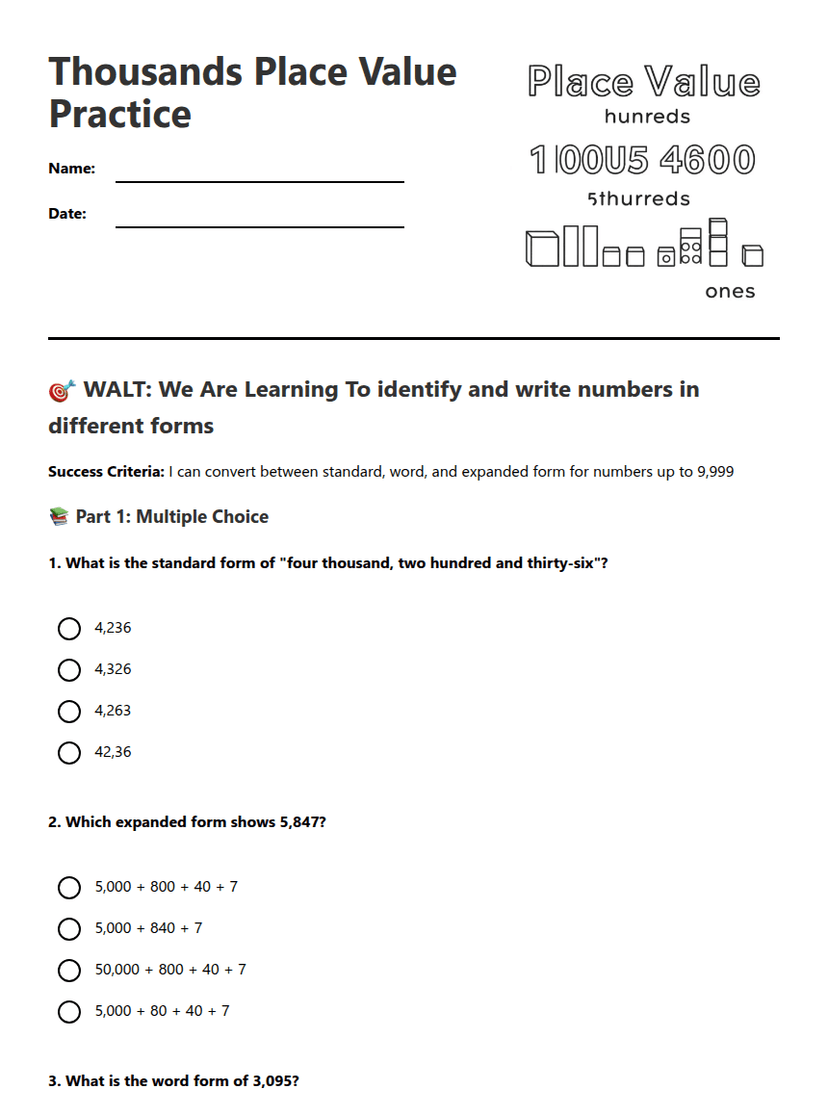 Thousands Place Value Practice