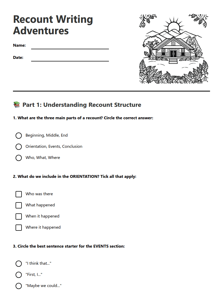 Recount Writing Adventures worksheet preview