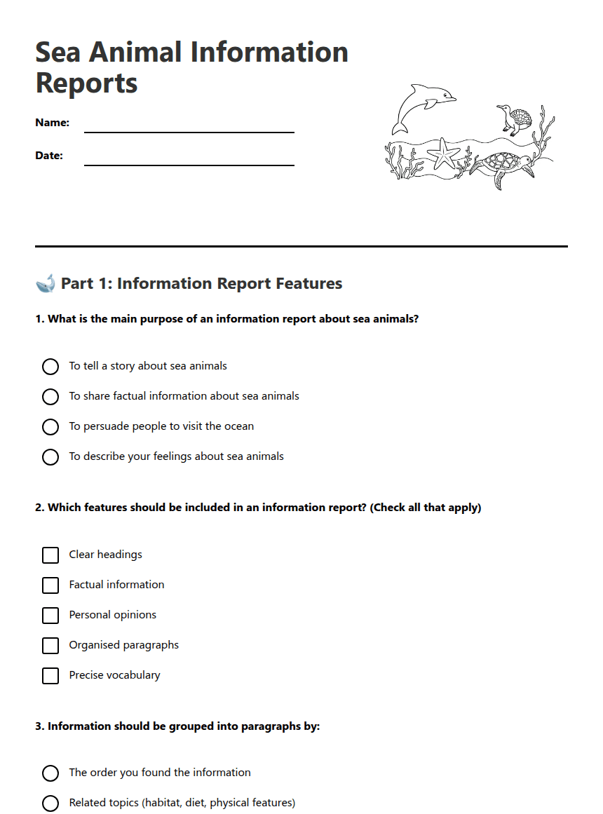 Sea Animal Information Reports worksheet preview