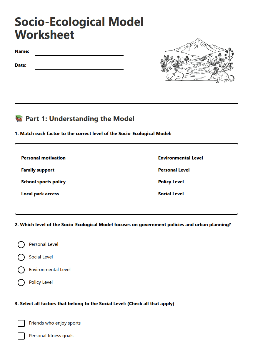 Socio-Ecological Model Worksheet worksheet preview