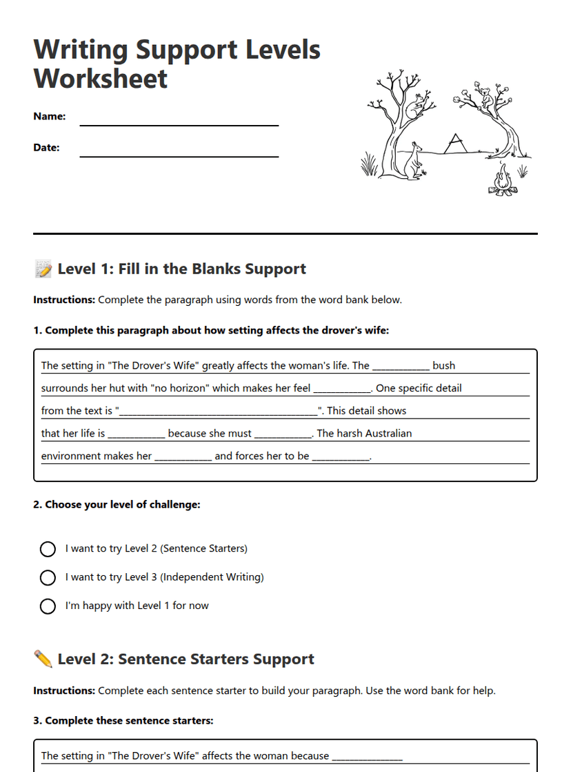 Writing Support Levels Worksheet