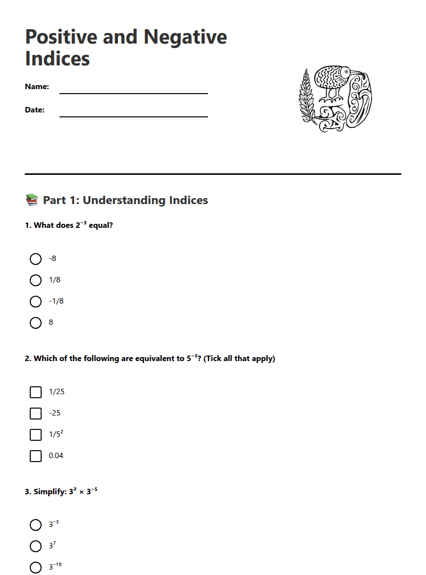 Positive and Negative Indices worksheet preview