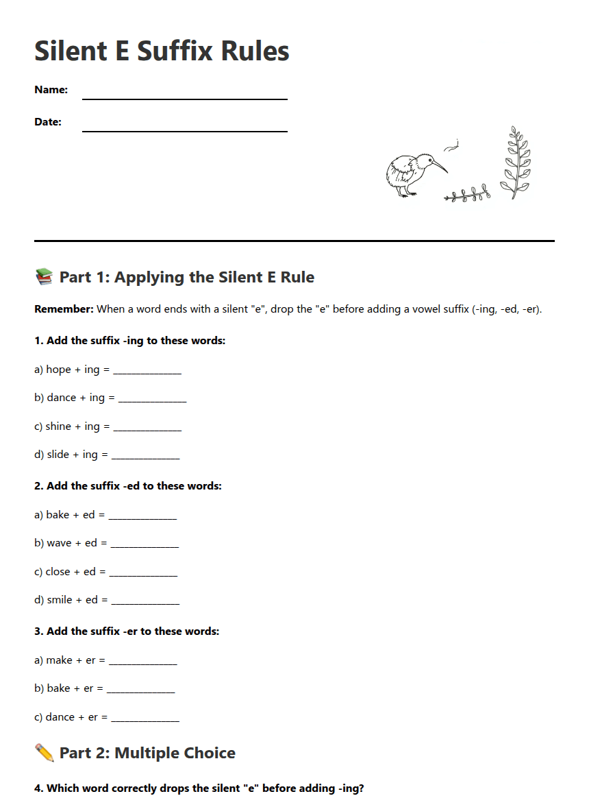 Silent E Suffix Rules worksheet preview