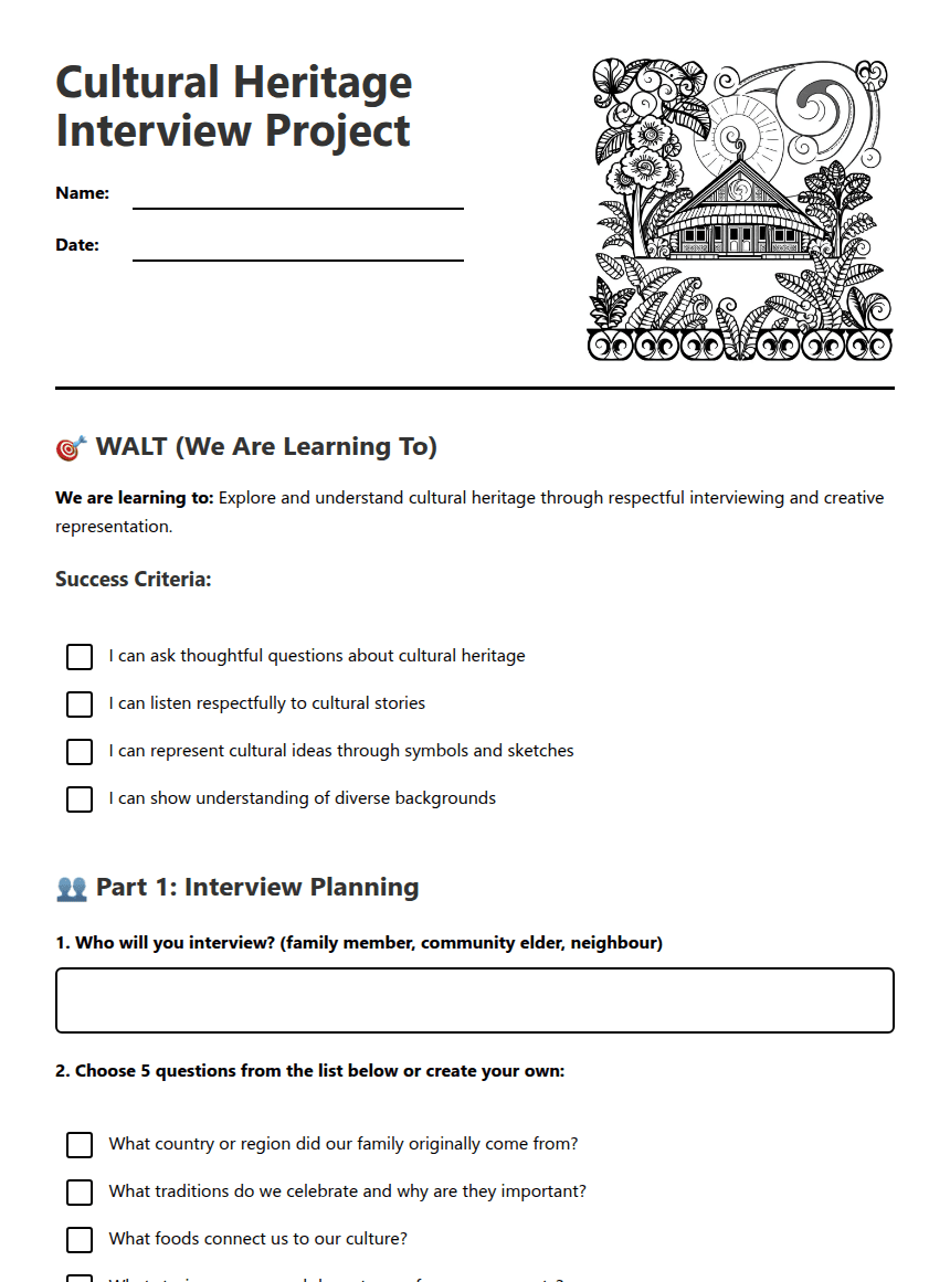 Cultural Heritage Interview Project worksheet preview