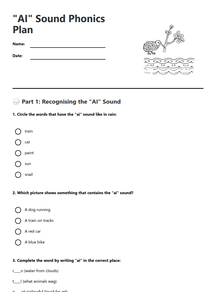 "AI" Sound Phonics Plan worksheet preview