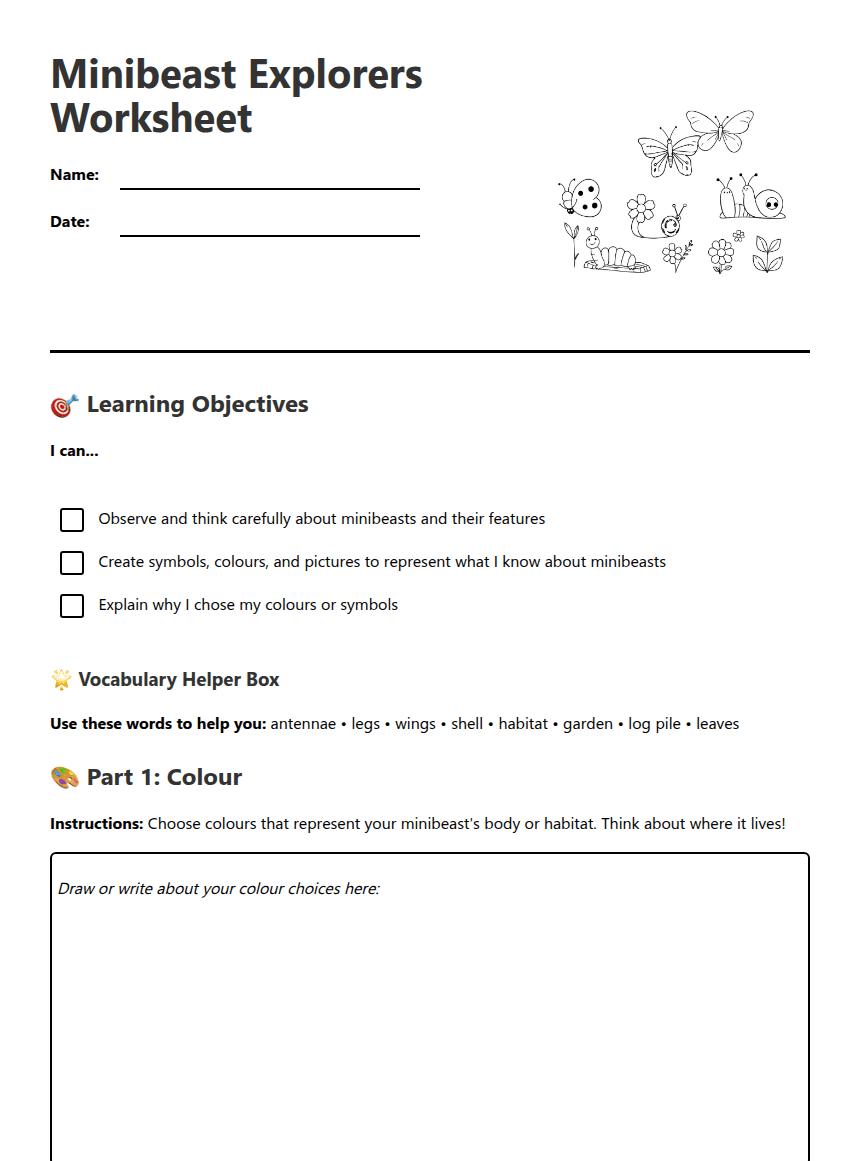 Minibeast Explorers Worksheet worksheet preview