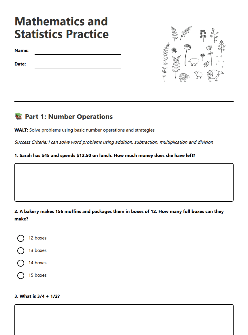 Mathematics and Statistics Practice worksheet preview