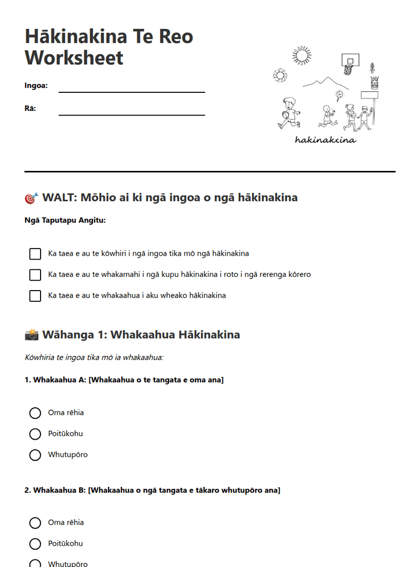 Hākinakina Te Reo Worksheet