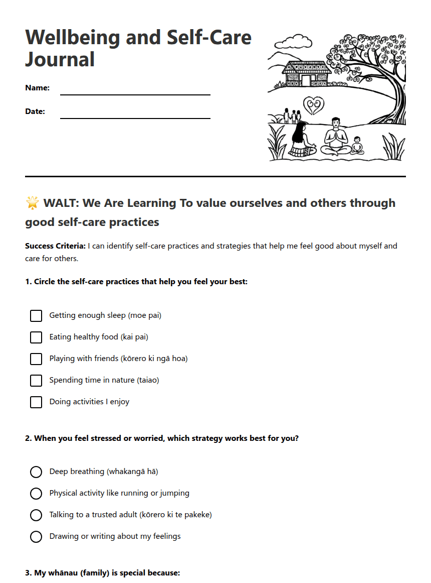 Wellbeing and Self-Care Journal worksheet preview