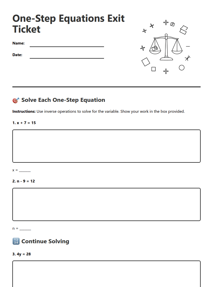 One-Step Equations Exit Ticket worksheet preview