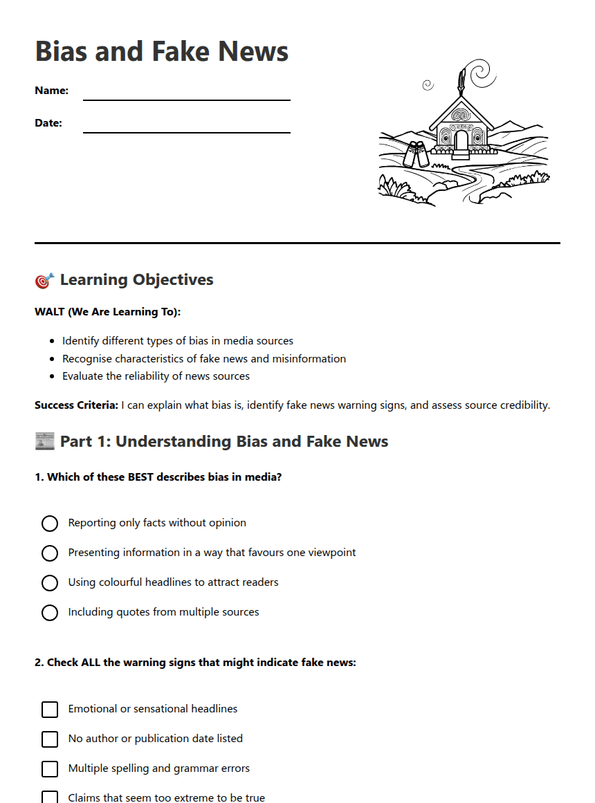 Bias and Fake News worksheet preview