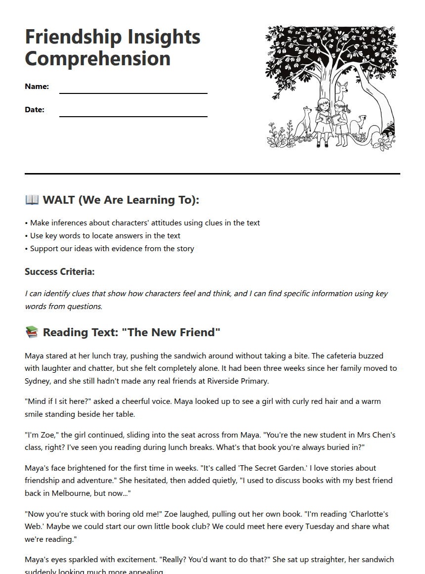 Friendship Insights Comprehension worksheet preview