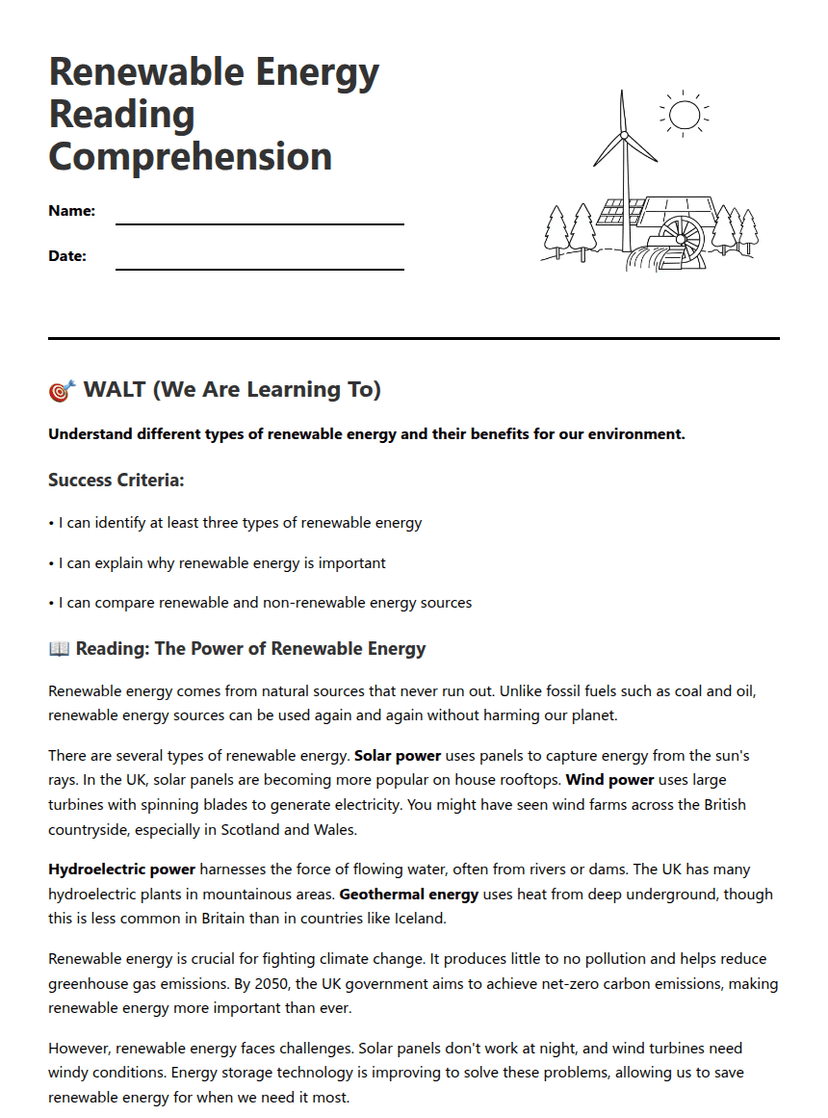Renewable Energy Reading Comprehension