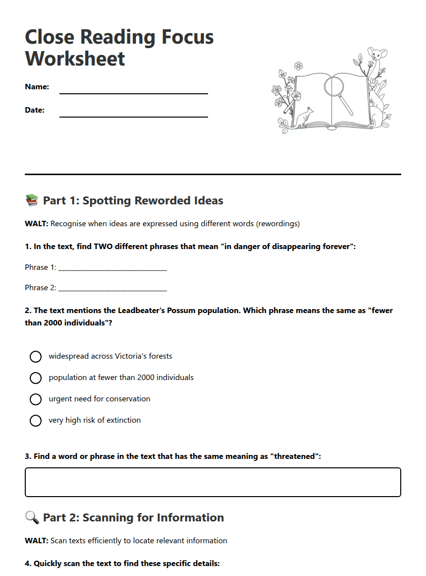 Close Reading Focus Worksheet worksheet preview