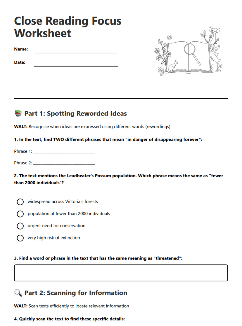 Close Reading Focus Worksheet