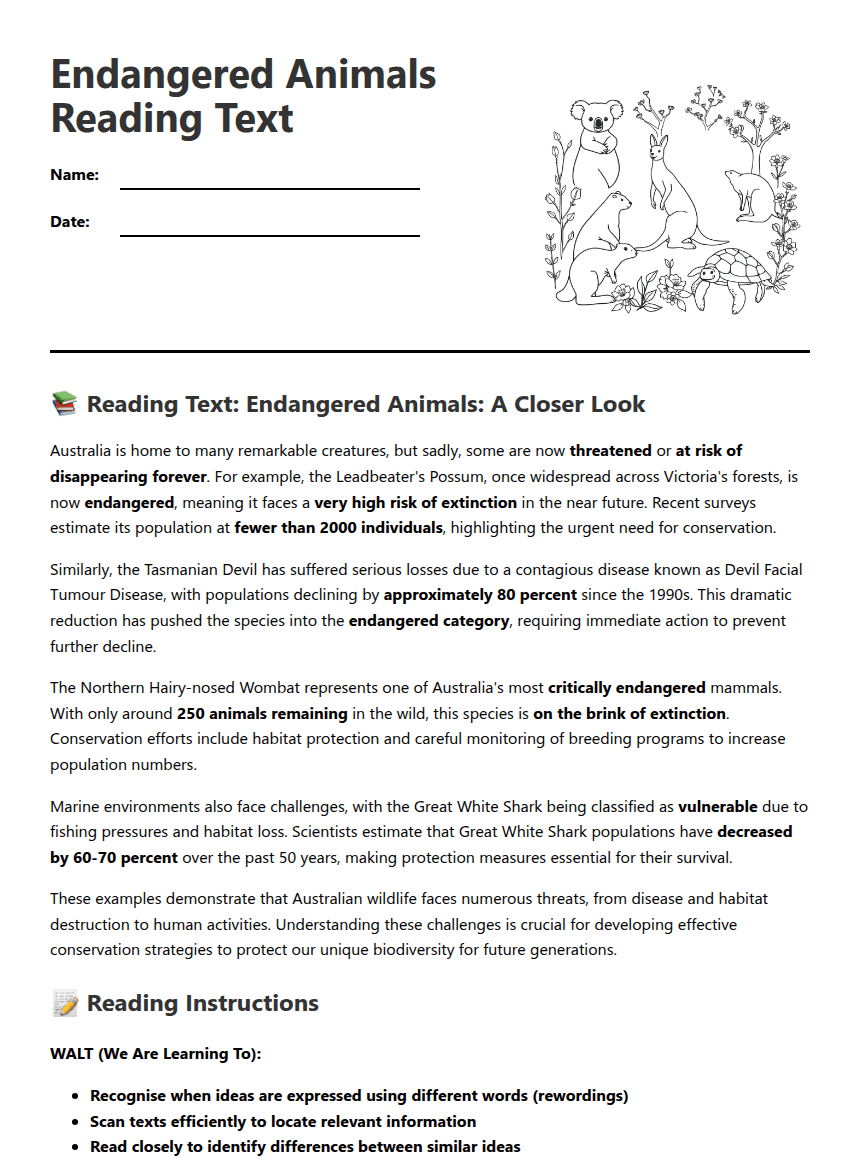 Endangered Animals Reading Text worksheet preview