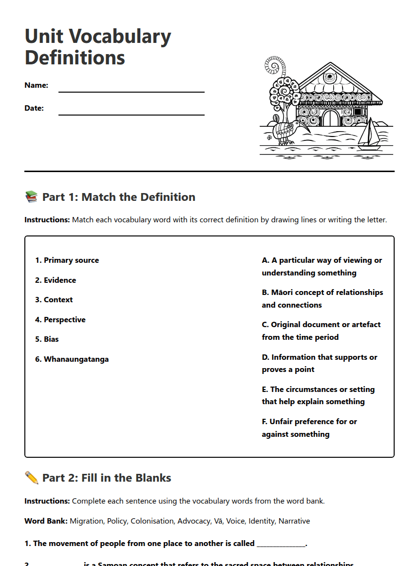 Unit Vocabulary Definitions worksheet preview