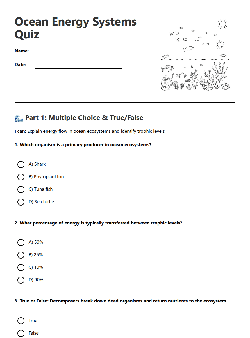 Ocean Energy Systems Quiz worksheet preview