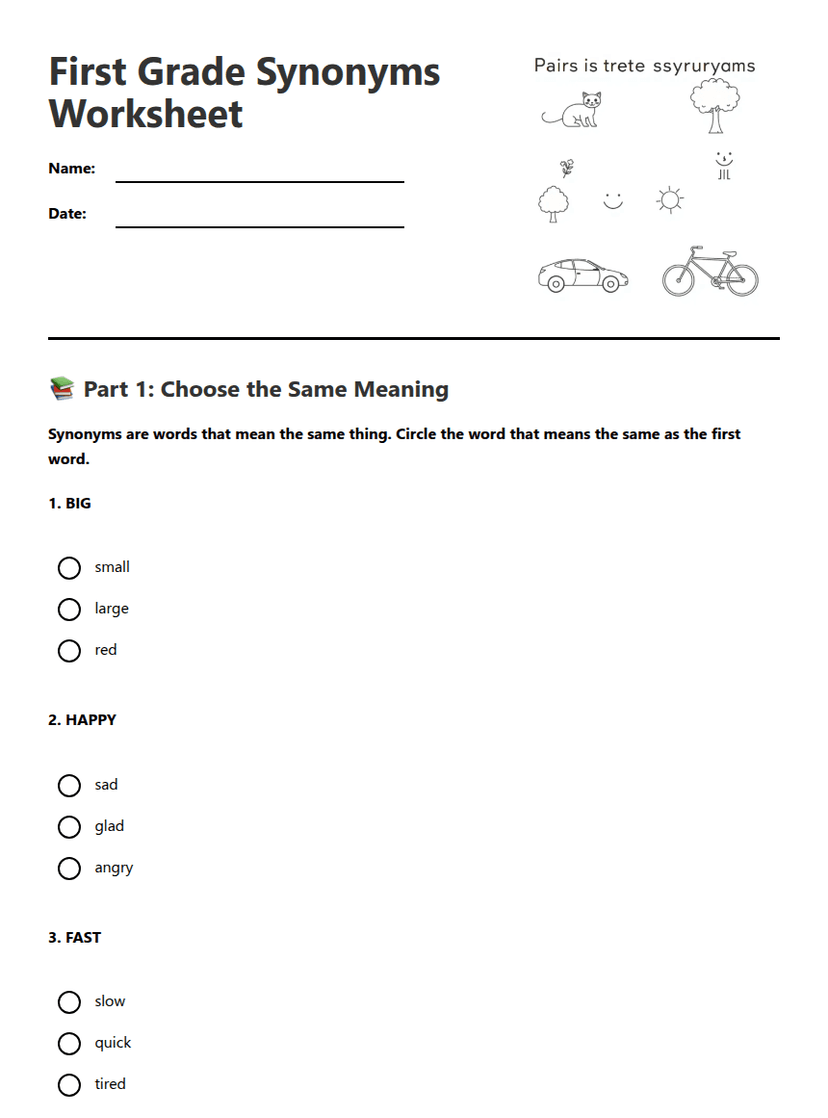 First Grade Synonyms Worksheet
