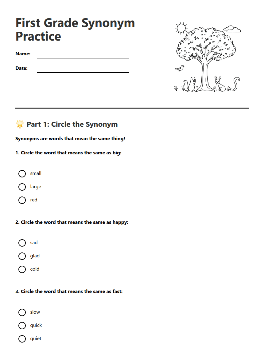 First Grade Synonym Practice worksheet preview