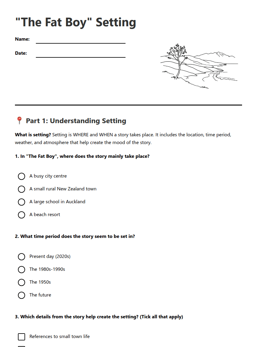 "The Fat Boy" Setting worksheet preview