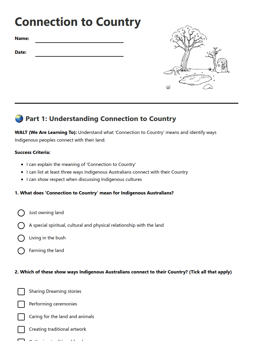 Connection to Country worksheet preview