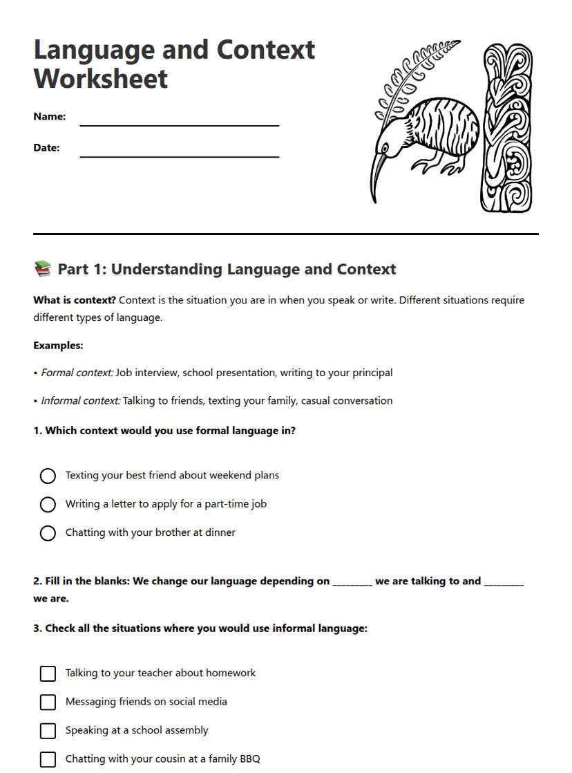 Language and Context Worksheet