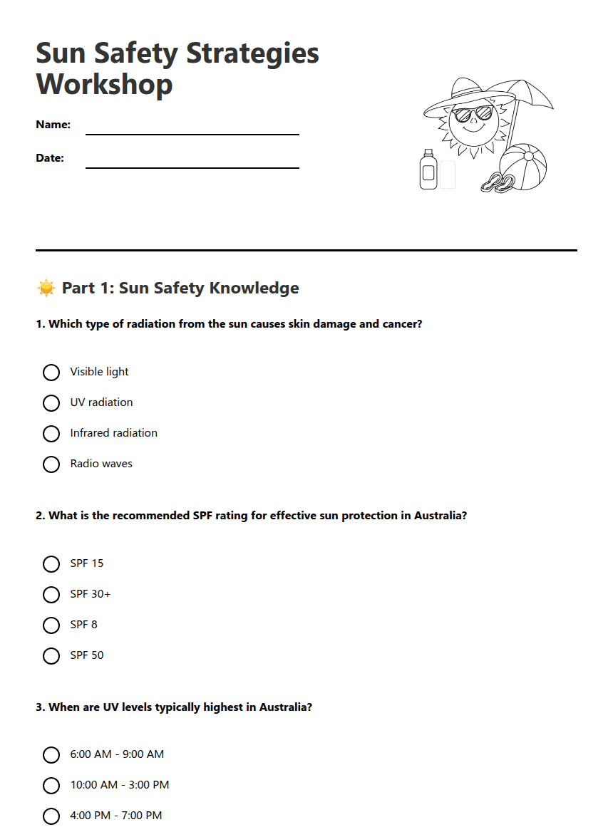 Sun Safety Strategies Workshop worksheet preview