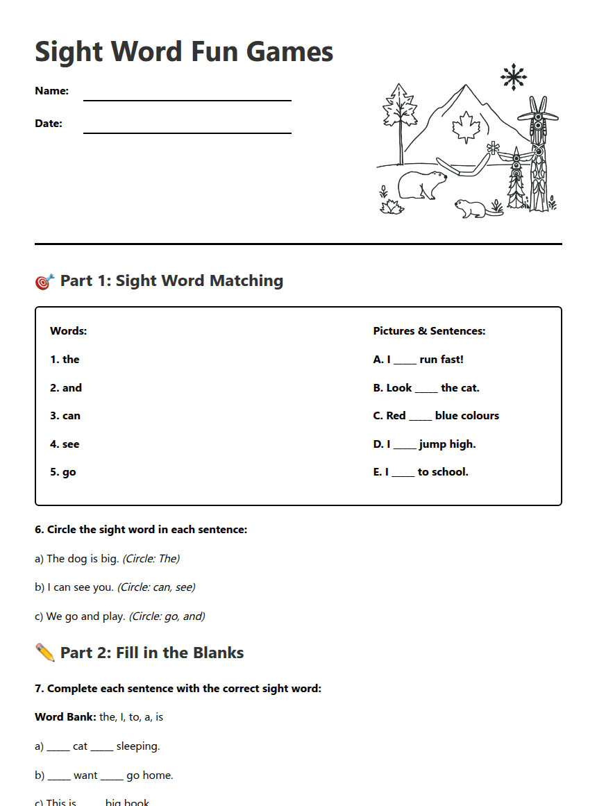 Sight Word Fun Games worksheet preview