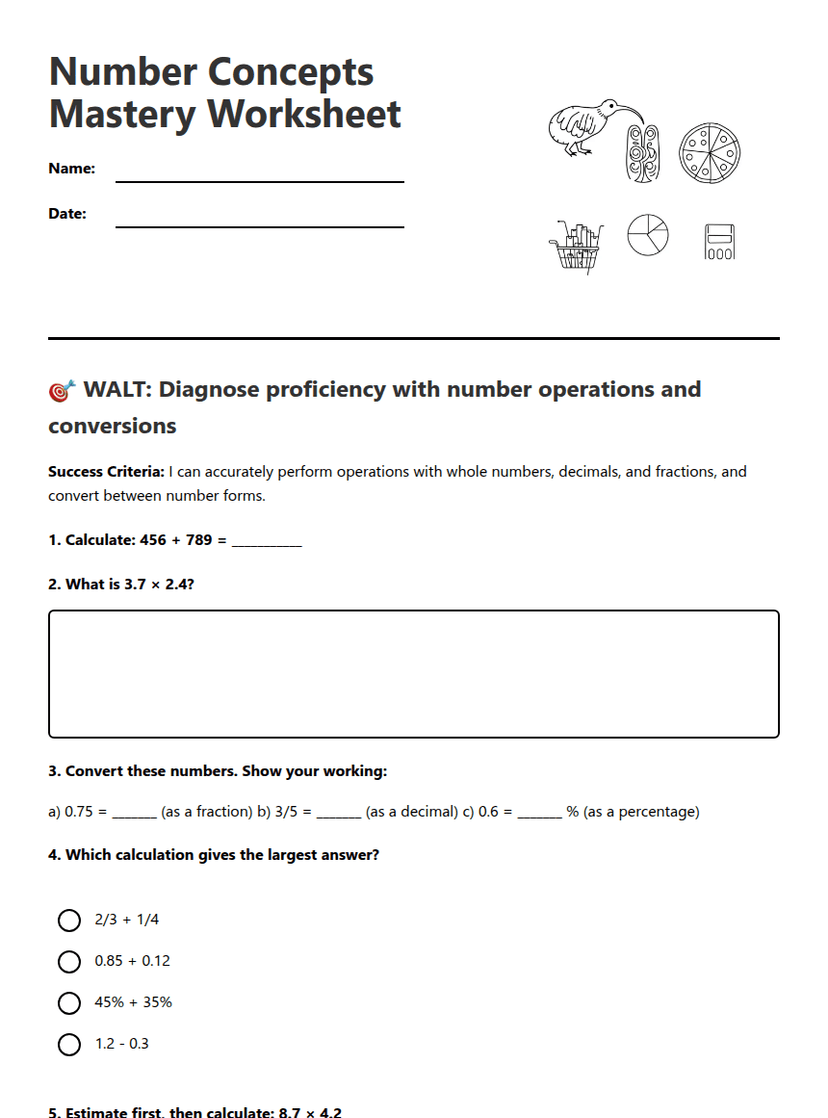 Number Concepts Mastery Worksheet