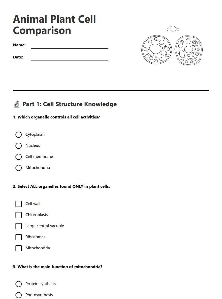 Animal Plant Cell Comparison worksheet preview