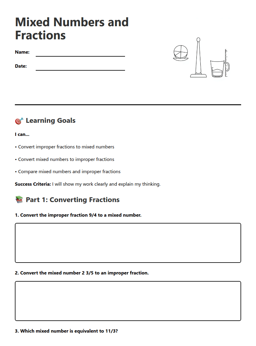 Mixed Numbers and Fractions worksheet preview