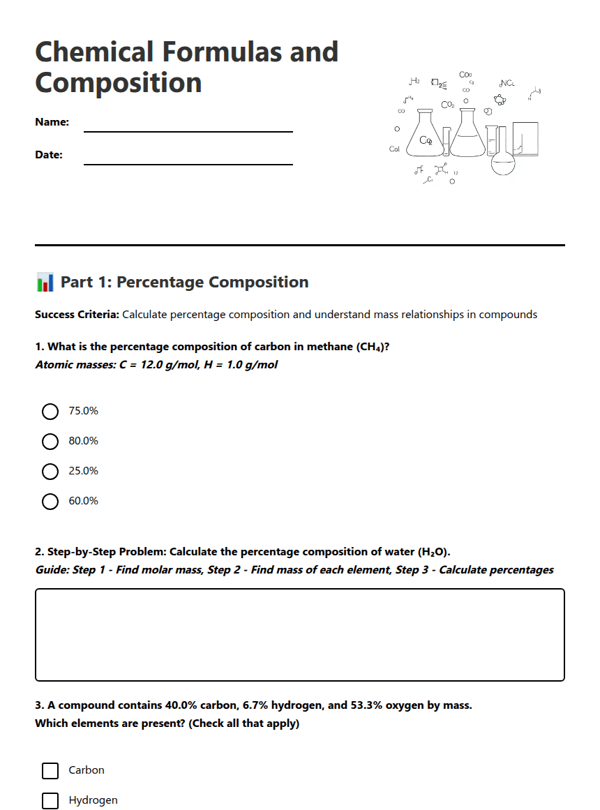 Chemical Formulas and Composition worksheet preview