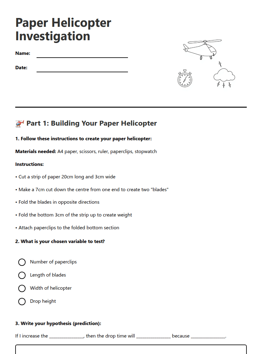 Paper Helicopter Investigation worksheet preview