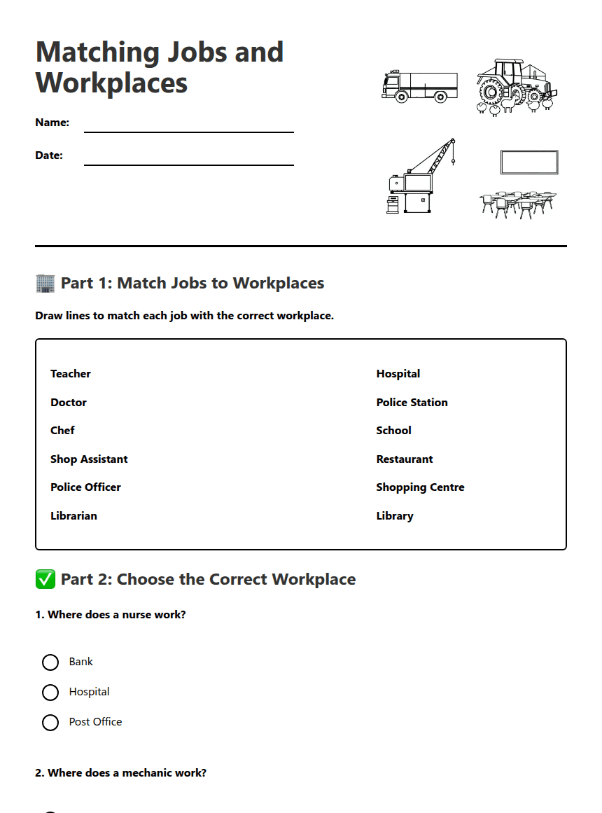 Matching Jobs and Workplaces worksheet preview