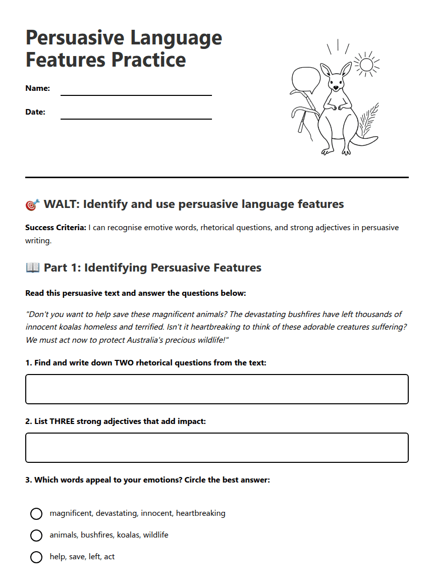Persuasive Language Features Practice worksheet preview