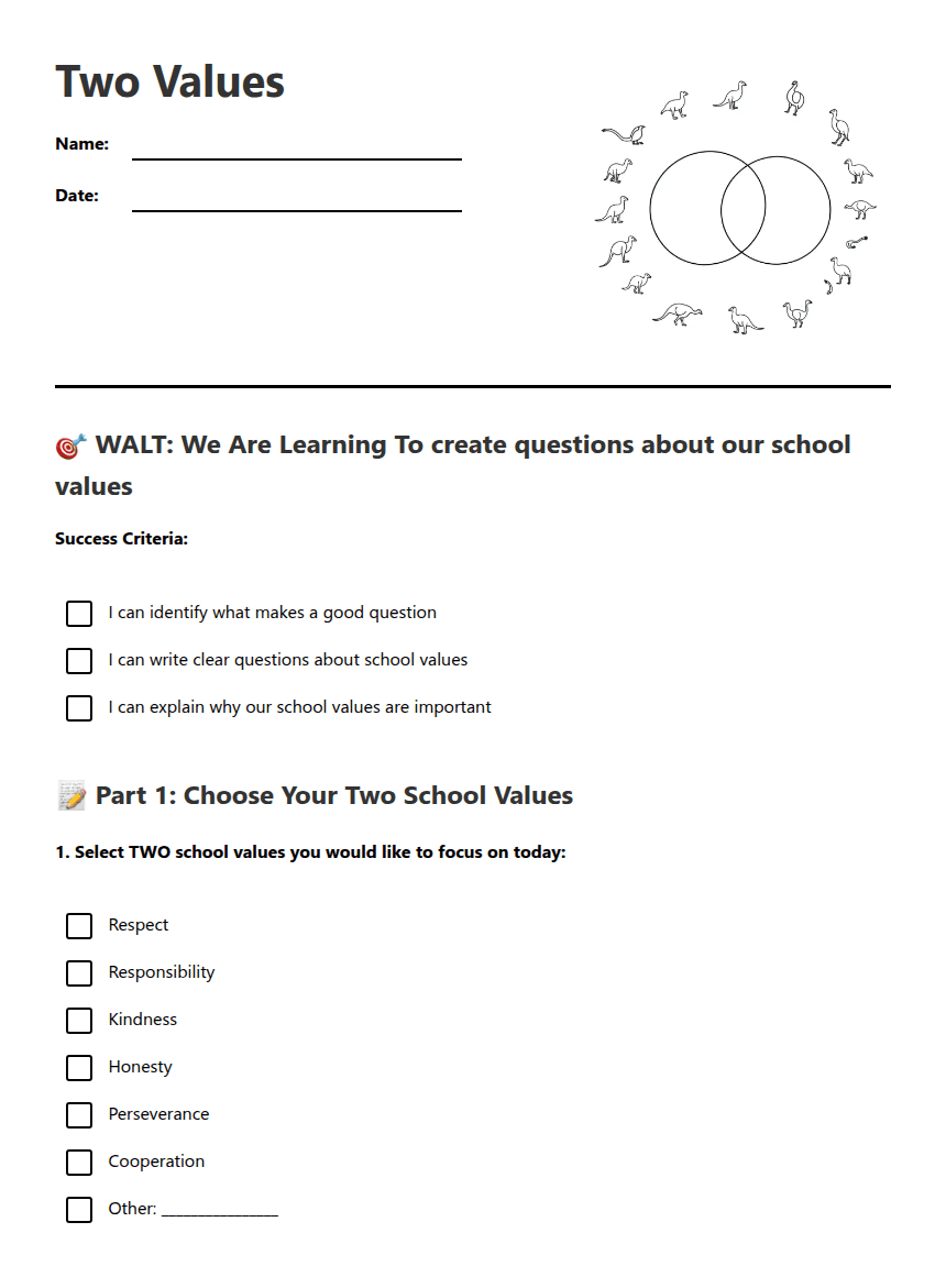 Two Values worksheet preview