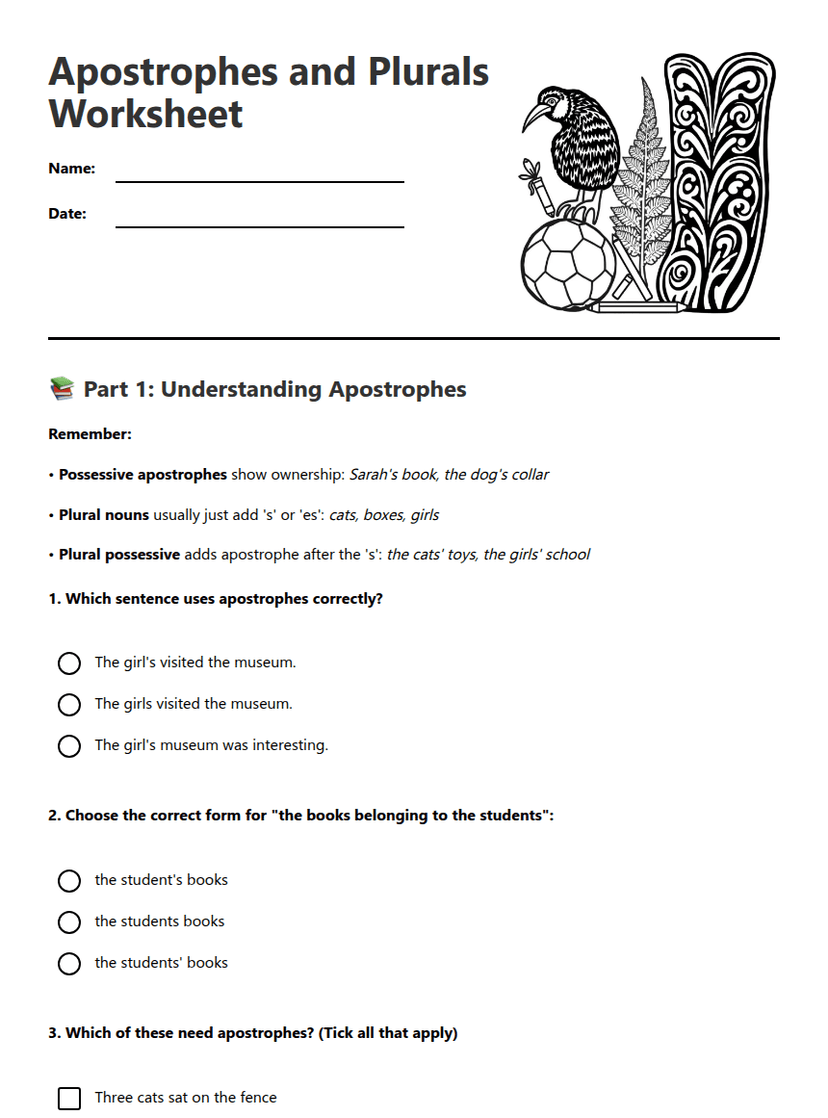 Apostrophes and Plurals Worksheet