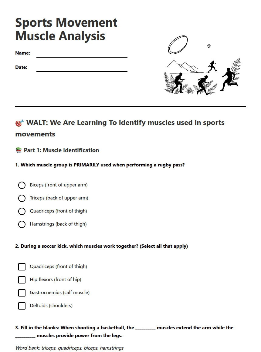 Sports Movement Muscle Analysis worksheet preview