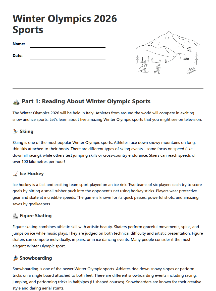 Winter Olympics 2026 Sports worksheet preview